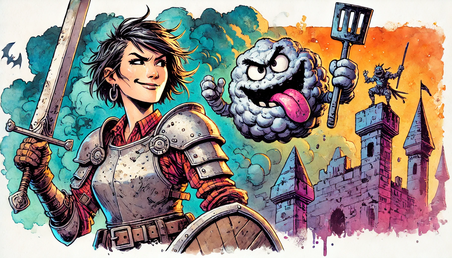 A confident woman in armor holds a sword, standing before a medieval castle as if she has stepped out of a Pathfinder RPG adventure. A cartoonish cloud with a face and spatula floats beside her. The sky is colorful with clouds, and a knight on a tower waves a flag while a bat flies above.