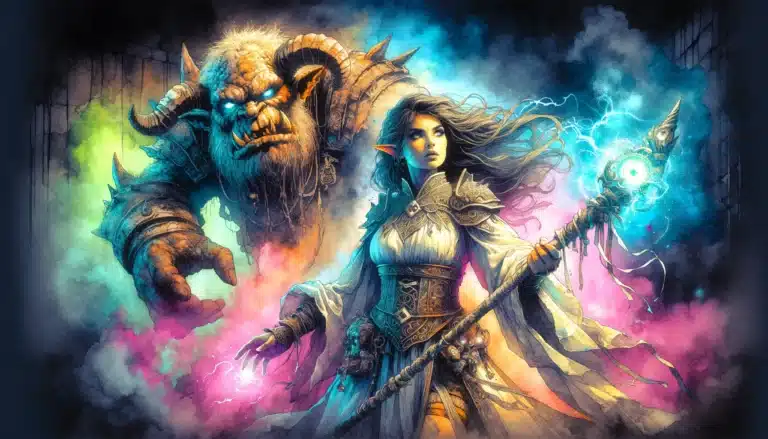 In a scene reminiscent of a Dungeons & Dragons adventure, a woman in ornate armor wields a glowing staff amidst swirling colorful smoke. Behind her stands a menacing, horned creature with glowing eyes, poised as if conjured from the depths of the most immersive tabletop RPG.