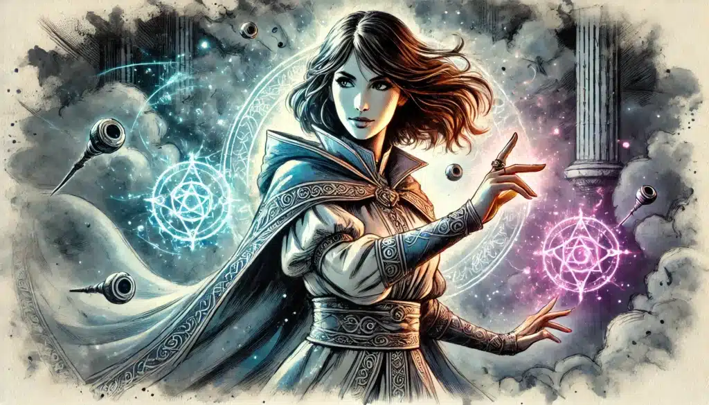 Illustration of a woman in detailed robes, casting a spell with glowing blue and purple magical symbols around her, reminiscent of a Dungeons & Dragons sorcerer. Her hair flows as if blown by wind, and ancient columns are faintly visible in the cloudy background.