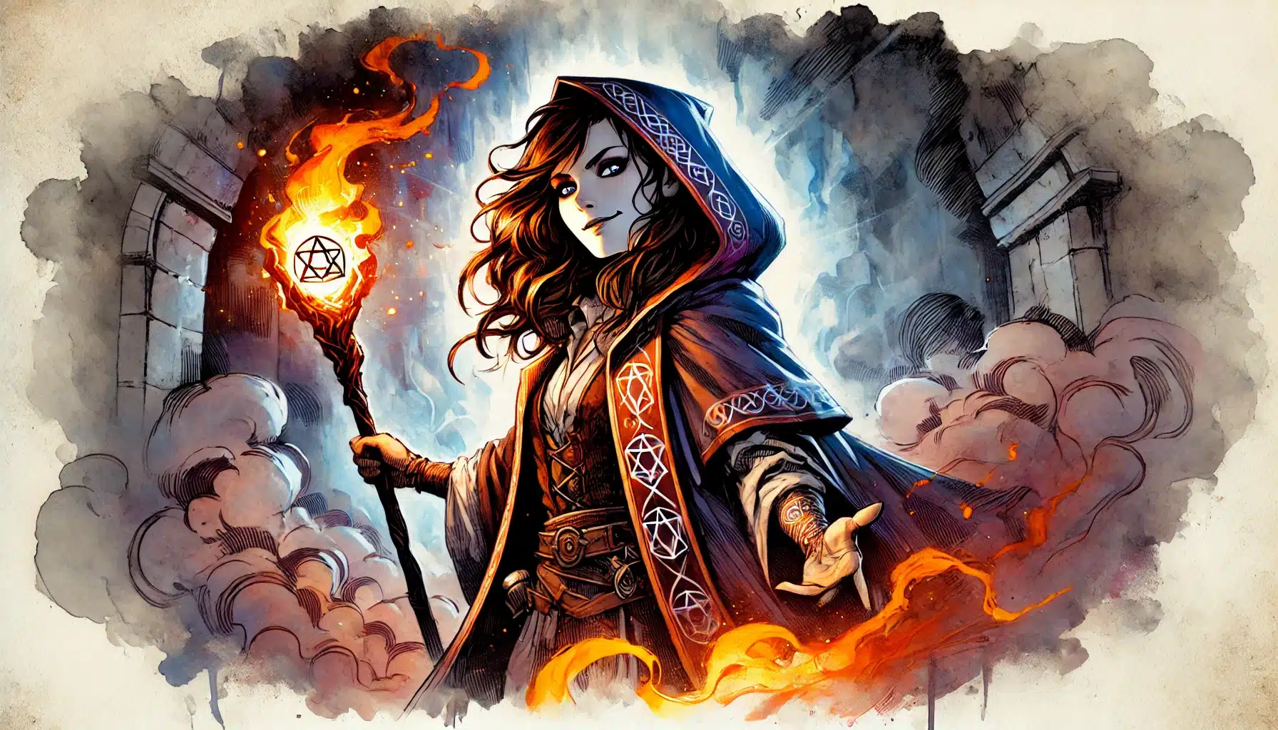 Illustration of a mysterious sorceress with long hair, holding a glowing staff topped with a pentagram. Shes surrounded by swirling smoke, wearing a robe adorned with mystical symbols from Dungeons & Dragons and conjuring flames, evoking the allure of fantasy realms.