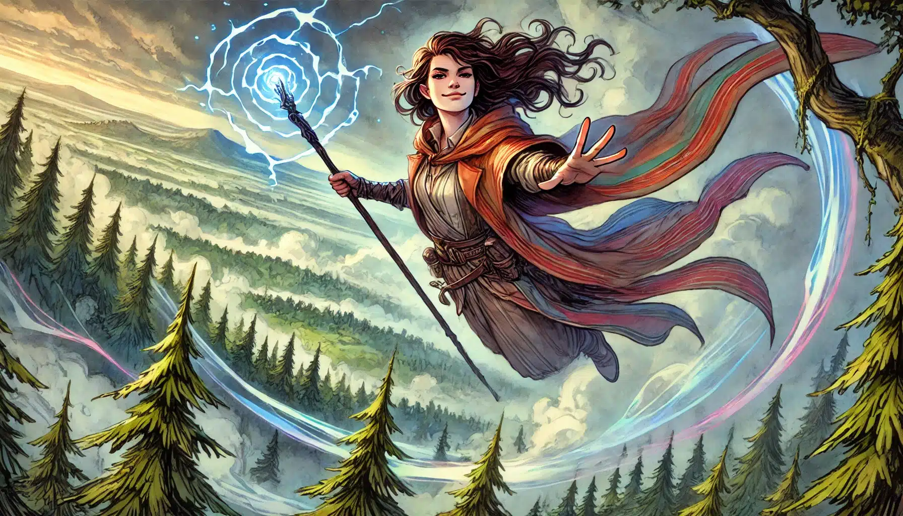 A woman in a flowing robe and cape hovers above a vibrant forest landscape, reminiscent of a Dungeons & Dragons fantasy realm. Holding a staff with a glowing orb, her hair flows in the wind as she extends a hand, surrounded by swirling magical energy under the cloudy sky.