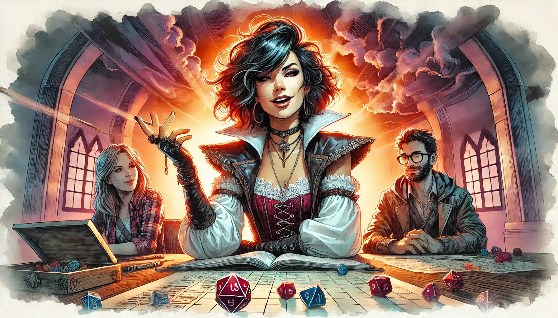 A stylized fantasy illustration of three people immersed in a tabletop RPG session. The central figure, a woman with short dark hair, gestures confidently amidst colorful polyhedral dice and detailed game materials reminiscent of Pathfinder RPG adventures.