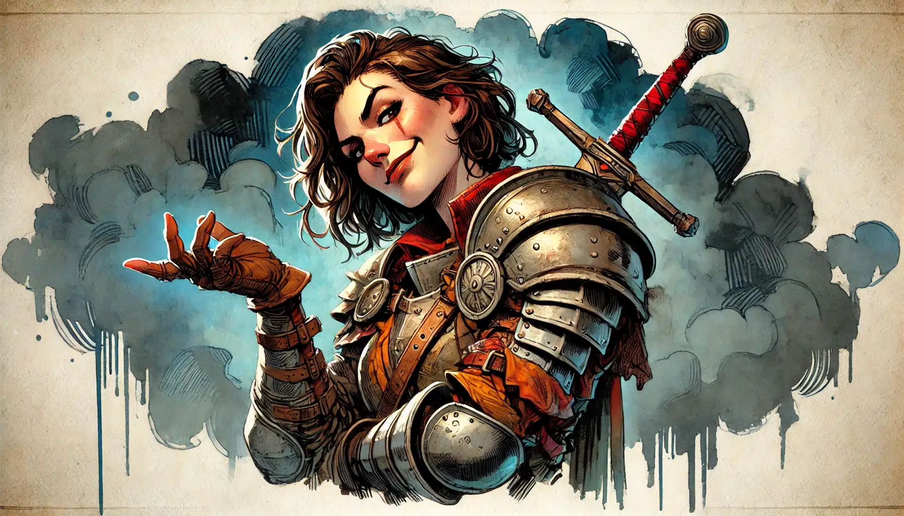 Illustration of a confident female warrior with wavy hair in ornate armor, extending one hand and holding a sword on her back, evoking the intrigue of a Dungeons & Dragons campaign. The background features a smoky, blue-grey artistic design reminiscent of tabletop RPG settings.