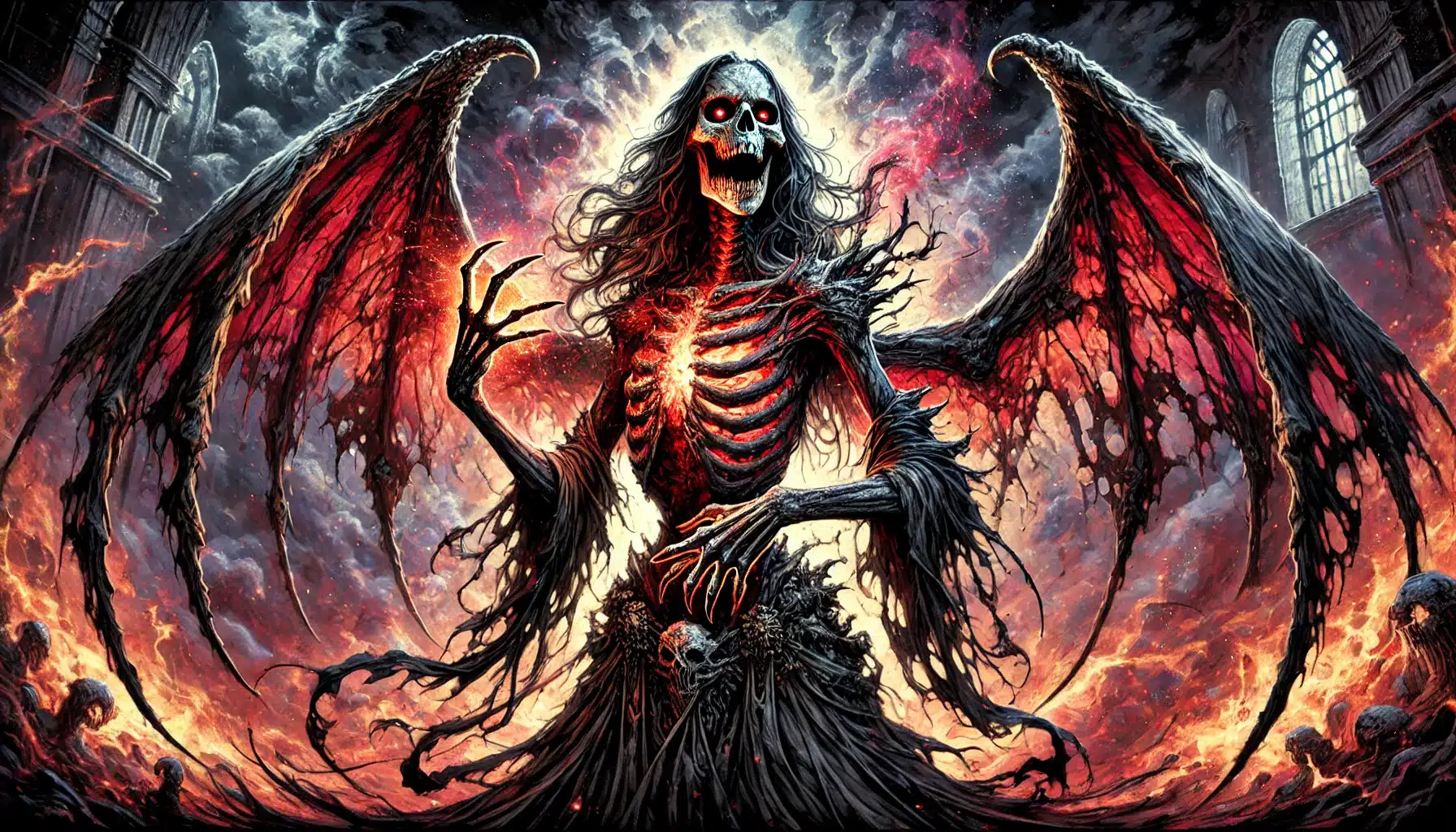 A menacing, skeletal figure with black and red wings dominates the fiery setting, like a villain from a Dungeons & Dragons campaign. Its glowing red eyes and tattered attire exude an ominous aura amidst the flames and dark surroundings.