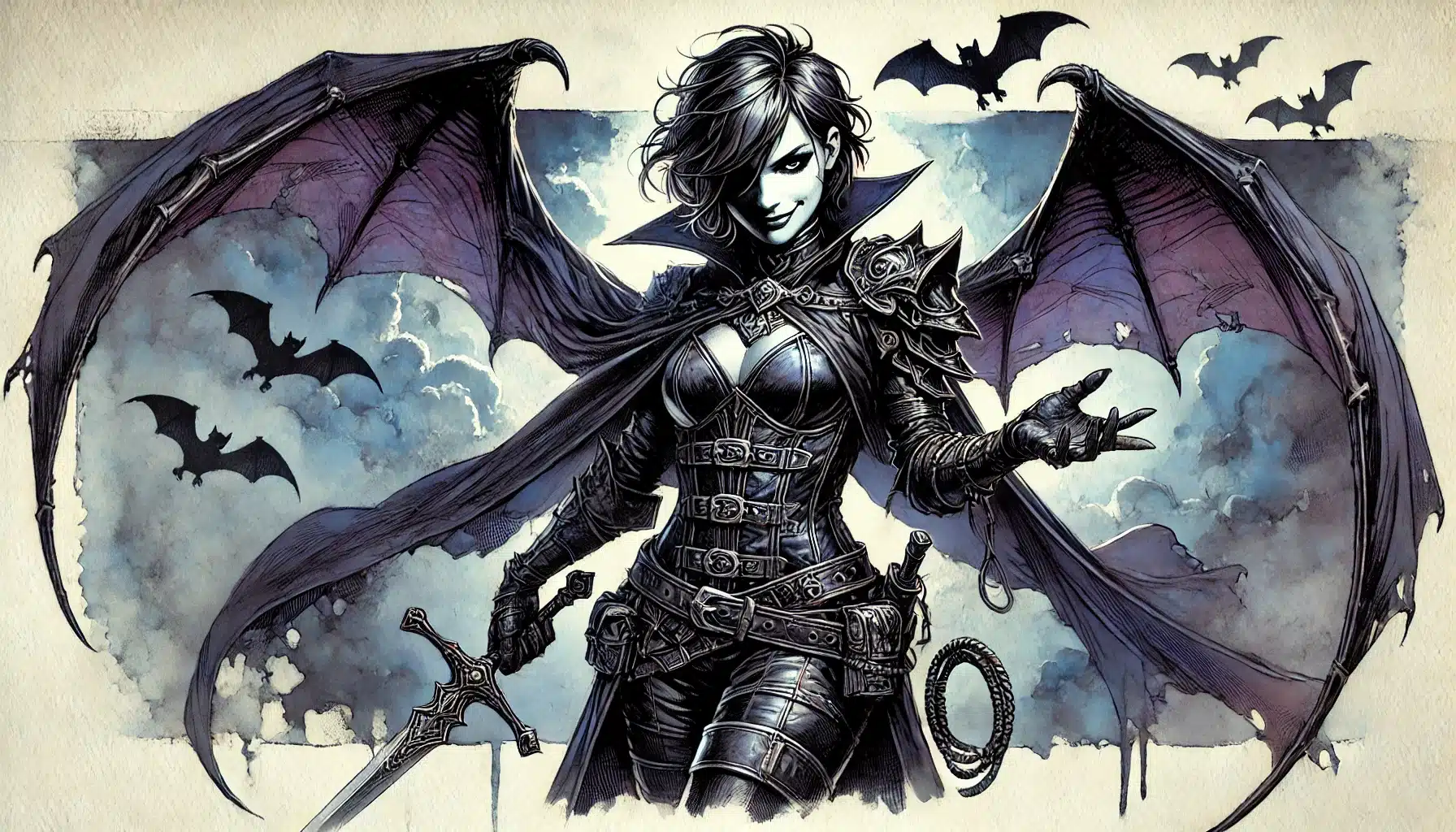 A gothic fantasy character with bat-like wings, clad in dark armor, holds a sword. Her short hair and confident expression enhance her fierce appearance. Bats soar through the cloudy sky behind her, evoking a Dungeons & Dragons atmosphere of mystery and adventure.