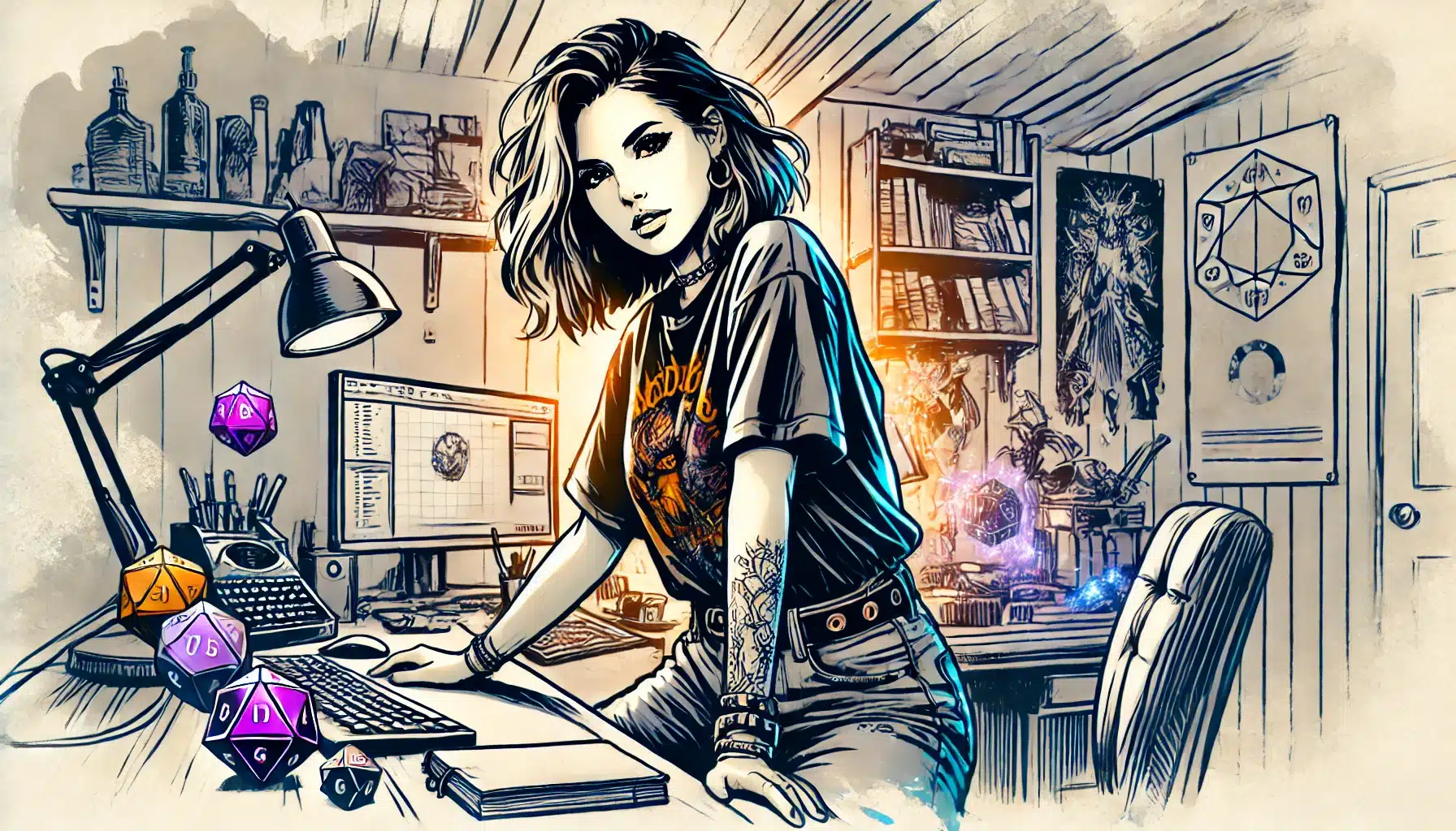 A woman with wavy hair and tattoos leans on a desk cluttered with games and dice, perfectly set for an evening of tabletop RPG adventures. Behind her, adorned bookshelves and Dungeons & Dragons posters create a cozy backdrop in this artistic blend of tech and fantasy.