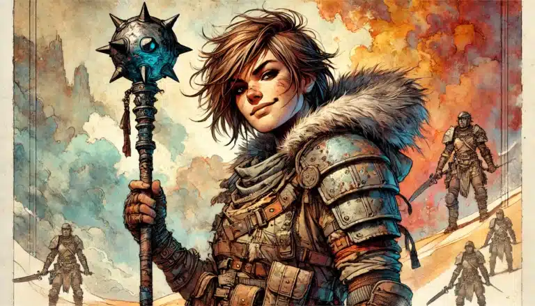 In a world reminiscent of Dungeons & Dragons, a person in detailed fantasy armor stands confidently with a spiked mace. Their short hair hints at prowess, while in the background, other armored figures traverse a colorful, cloud-filled landscape akin to a tabletop RPG adventure.