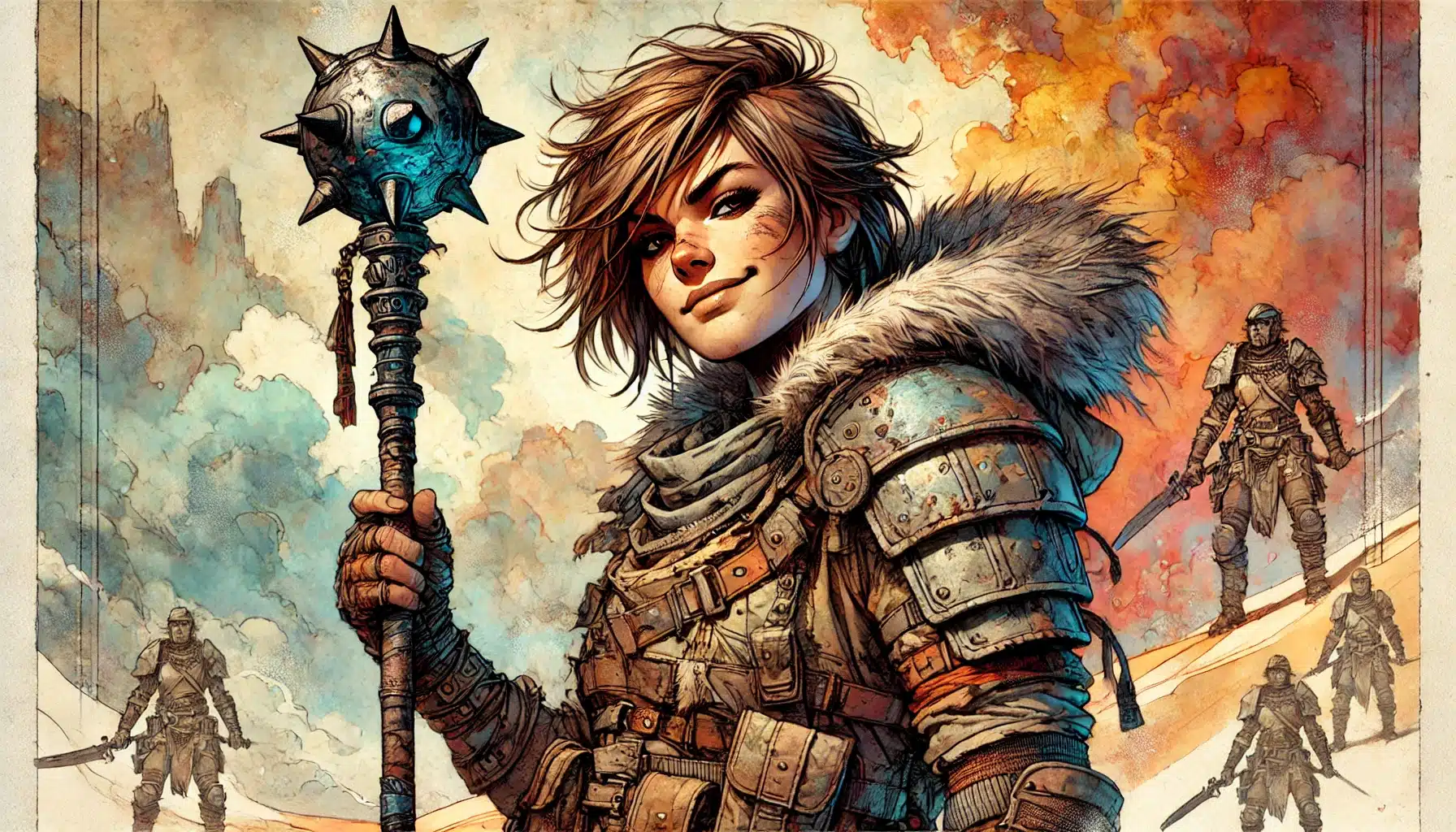 In a world reminiscent of Dungeons & Dragons, a person in detailed fantasy armor stands confidently with a spiked mace. Their short hair hints at prowess, while in the background, other armored figures traverse a colorful, cloud-filled landscape akin to a tabletop RPG adventure.