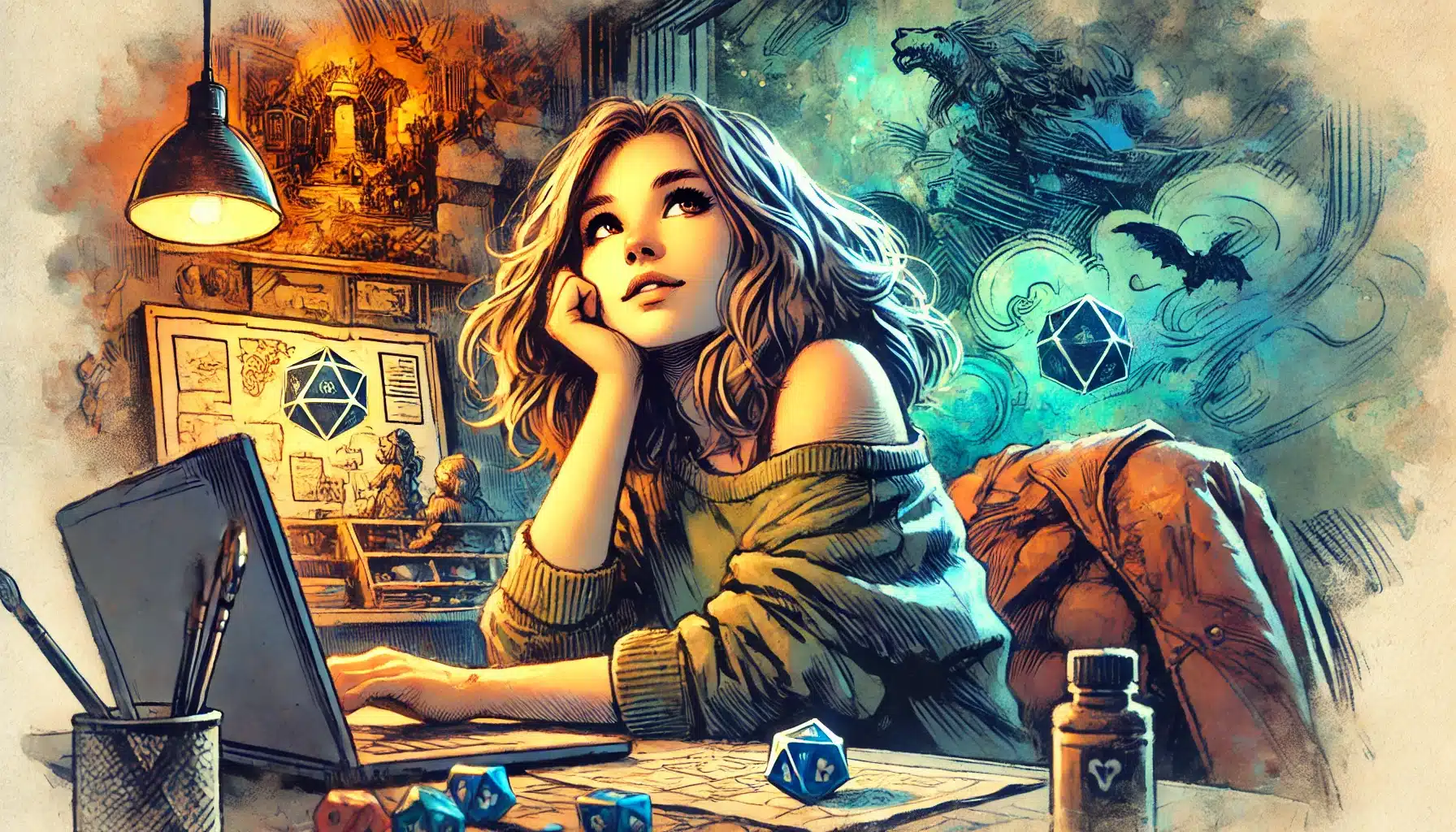 A woman with wavy hair daydreams at a desk, a laptop and Pathfinder RPG dice in front of her. Fantasy illustrations of creatures surround her, and a jacket hangs on the chair. The scene conveys a blend of reality and imagination, capturing the essence of tabletop RPG adventures.