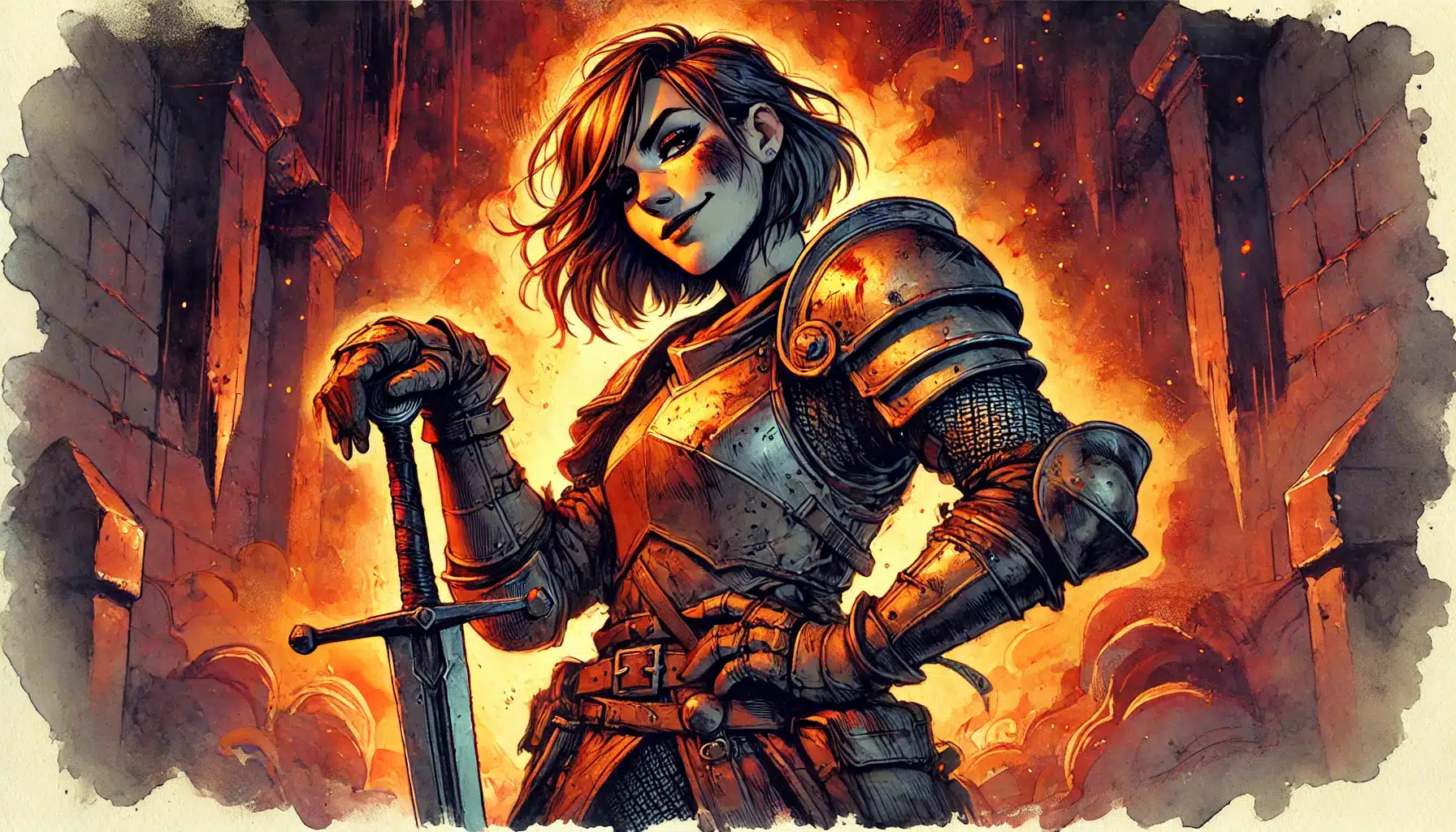 A knight with shoulder-length hair stands confidently in front of a fiery backdrop. They wear detailed armor and rest one hand on a sword, as if ready for a daring tabletop RPG adventure. The intense scene is filled with flames and smoke, capturing the essence of fantasy heroism.