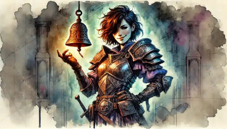 A warrior with short, tousled hair smiles confidently, holding a small, ornate bell. She wears detailed armor over a blue cloak reminiscent of a DND campaign. The background is a mix of soft watercolor-like textures, enhancing the medieval fantasy theme.