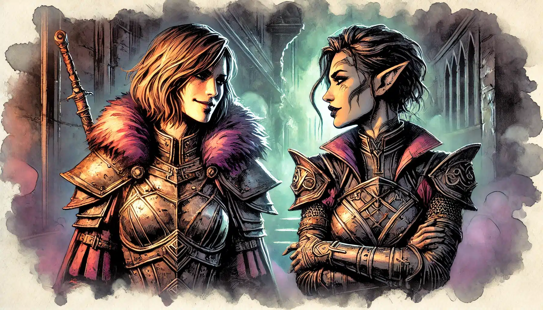 Two fantasy characters stand facing each other in a scene straight out of a tabletop RPG. One wears armor with a fur-lined cape, the other has pointed elf-like ears and intricate armor. The mystical background and vibrant colors enhance their determined expressions.