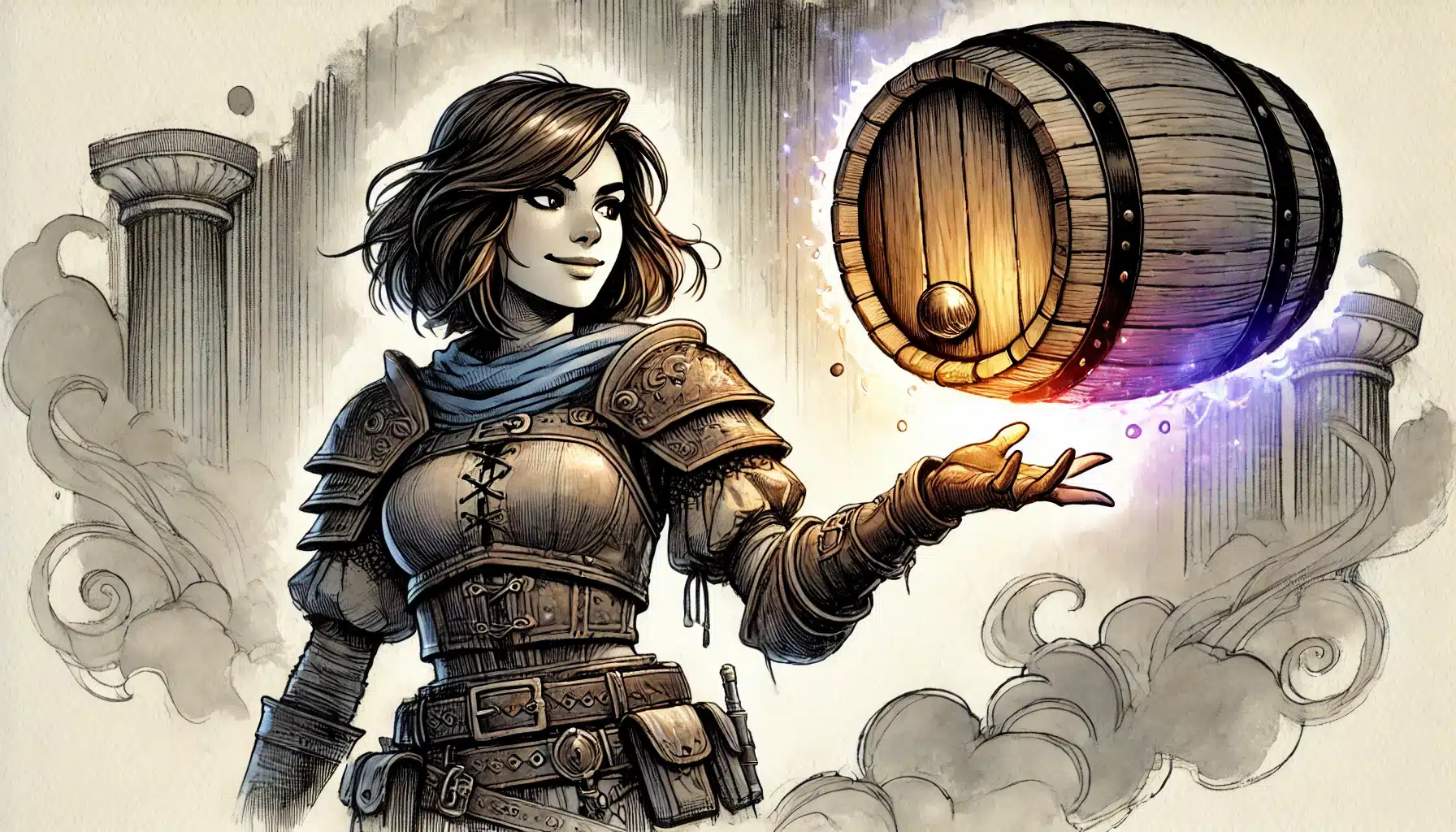 Illustration of a woman in medieval armor with a confident smile, standing amidst ancient pillars. She holds a floating, glowing barrel in one hand. Swirling clouds surround her in a mystical atmosphere, reminiscent of an epic DND adventure.