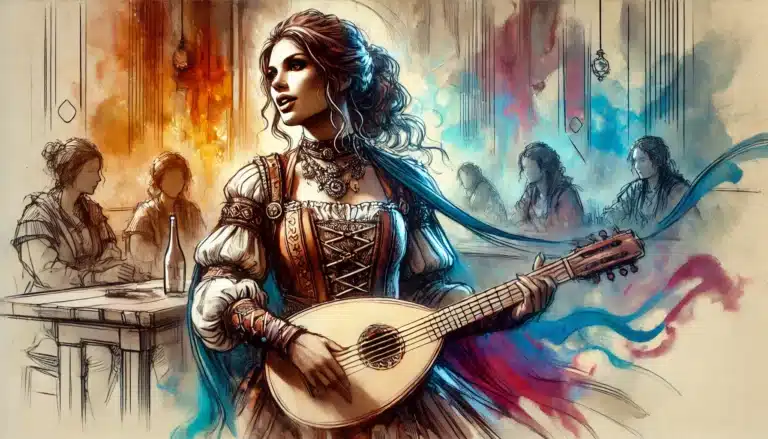 A woman in a Renaissance-style dress plays a lute, her melodious notes weaving through colorful swirls of red, orange, and blue. In the background, people gather like characters in a DND campaign, blurring into the scene with a warm, dreamy ambiance.