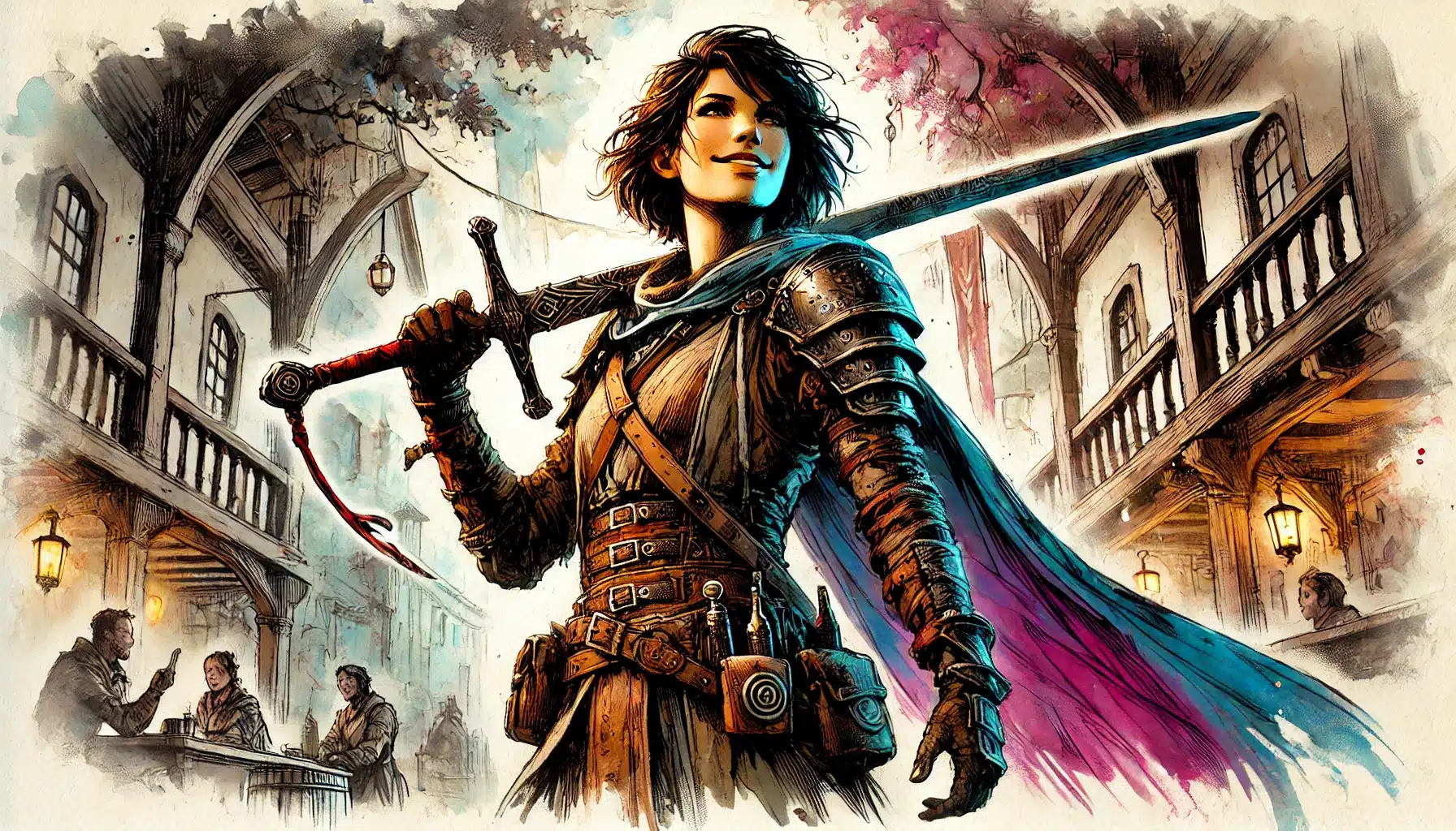A confident female warrior stands in a medieval village, holding a sword over her shoulder. Clad in detailed armor and a flowing cape, she looks like a character straight out of Pathfinder RPG. Villagers gather under the warm lantern light, reminiscent of an epic Dungeons & Dragons quest.
