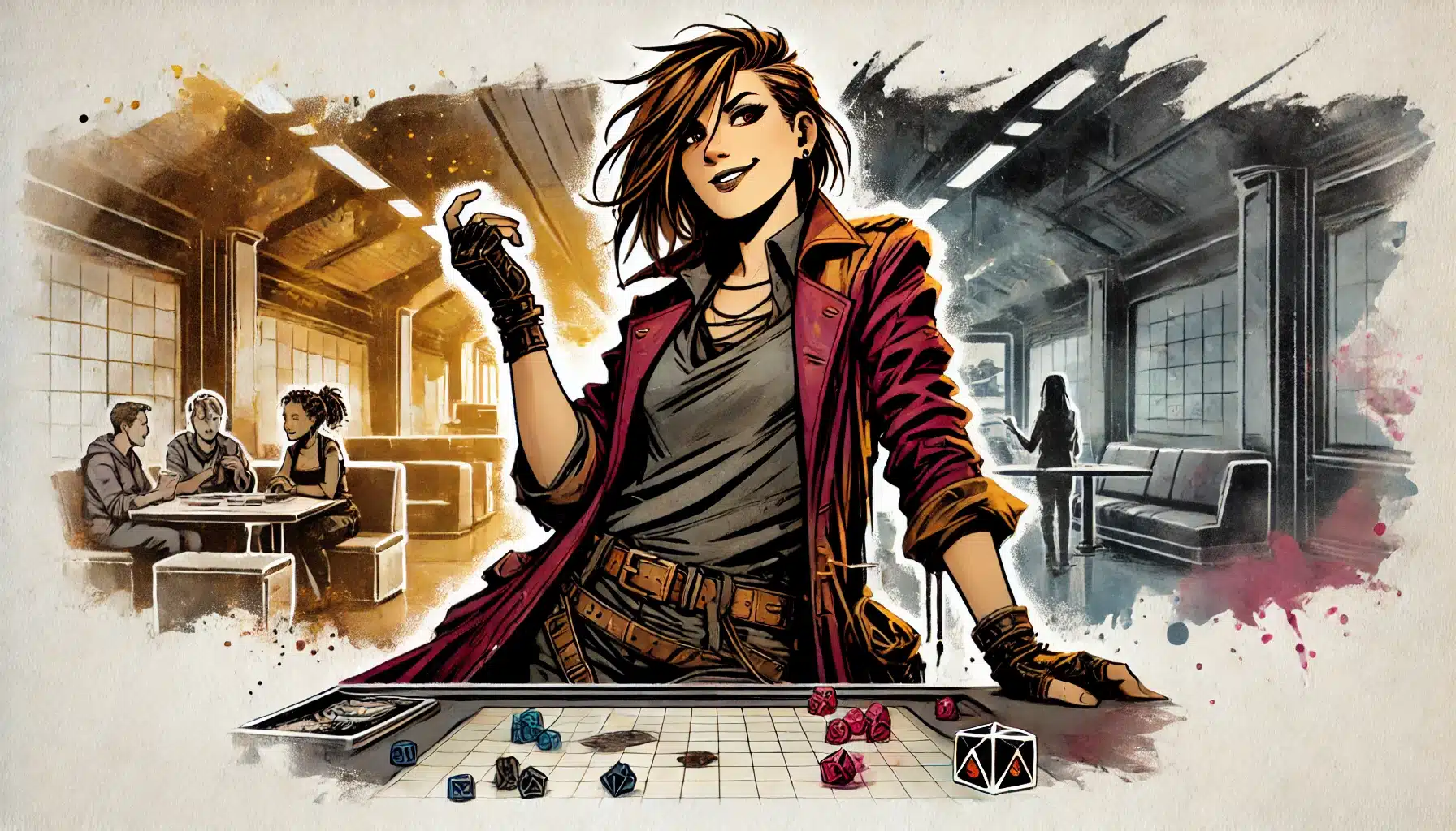 A confident character with short hair and a red coat stands at a gaming table for a tabletop RPG, dice scattered across the grid. In the cozy backdrop, people chat energetically. The scene bursts with dynamic, comic book style flair and contrasting warm and cool tones.