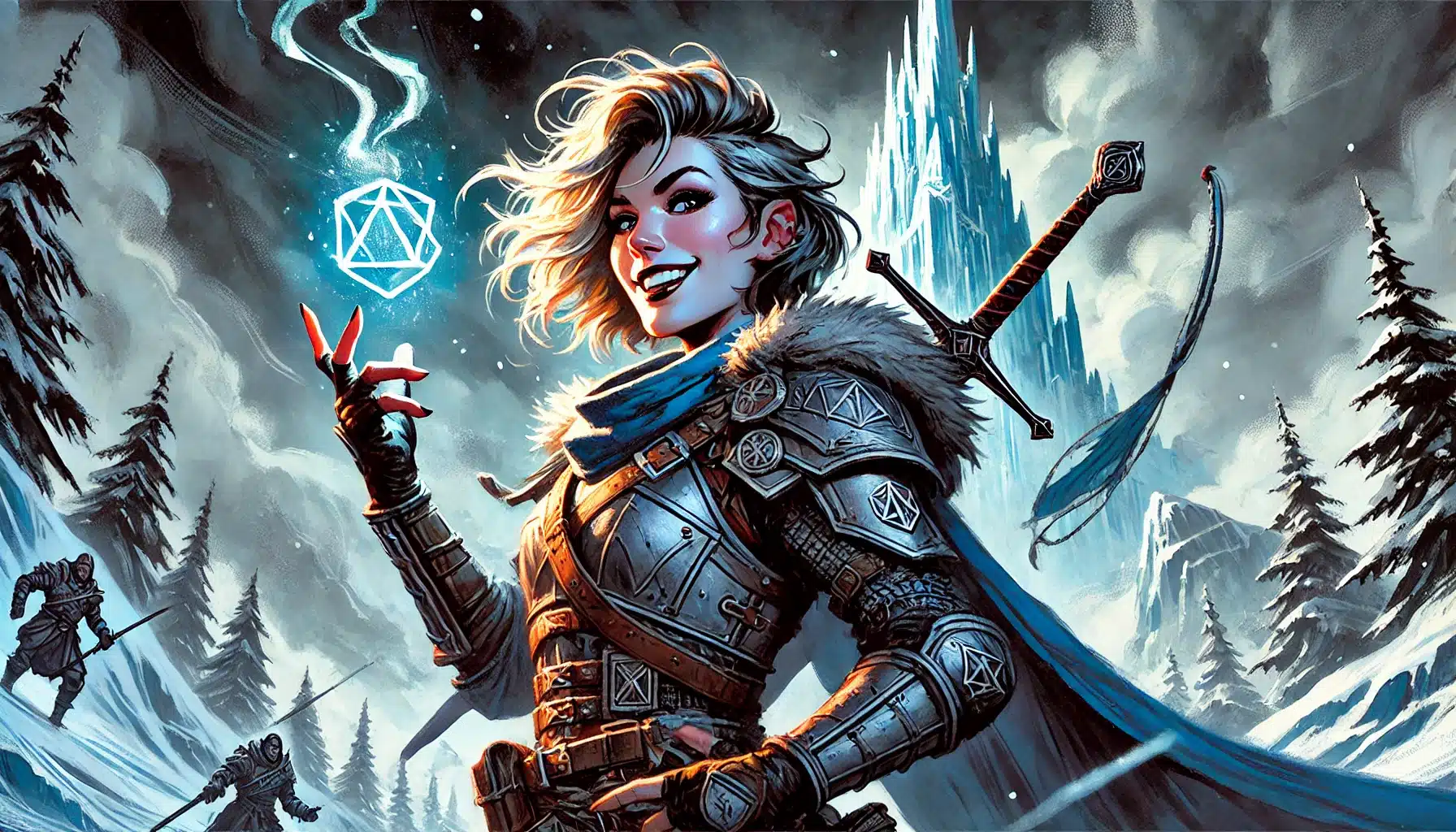A smiling female warrior with short hair holds a glowing, translucent geometric orb. Clad in detailed armor with a fur-trimmed cape, she stands before an icy fortress. Figures approach through the snowy landscape, evoking a classic fantasy tableau fit for a Dungeons & Dragons campaign.