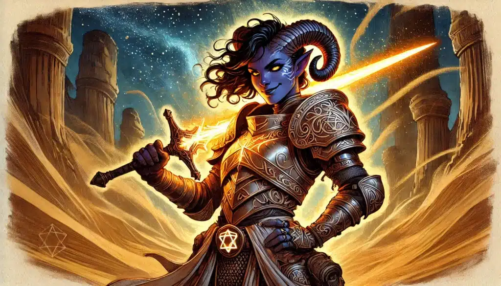 A warrior with blue skin and curved horns stands confidently in a desert landscape, embodying the spirit of a Dungeons & Dragons fantasy realm. Dressed in ornate armor, they wield a glowing sword against towering rock formations beneath a starry night sky.
