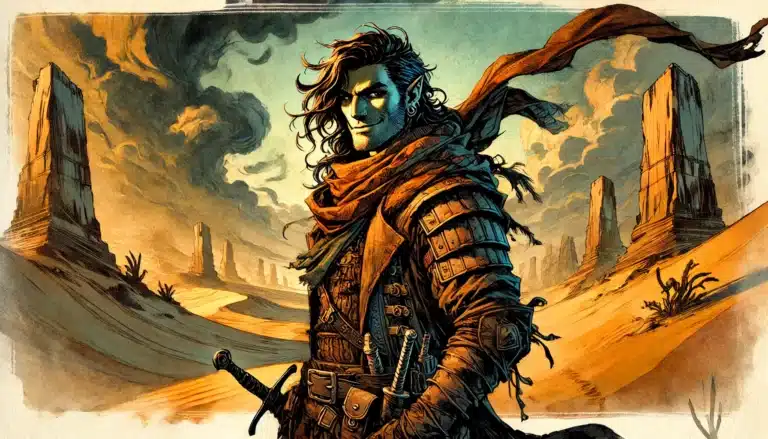 A rugged fantasy character with long hair stands in a desert landscape, wearing armor and a scarf blowing in the wind. Swords are visible at their side, evoking the spirit of a DND adventure. Towering rock formations rise under a partly cloudy sky.