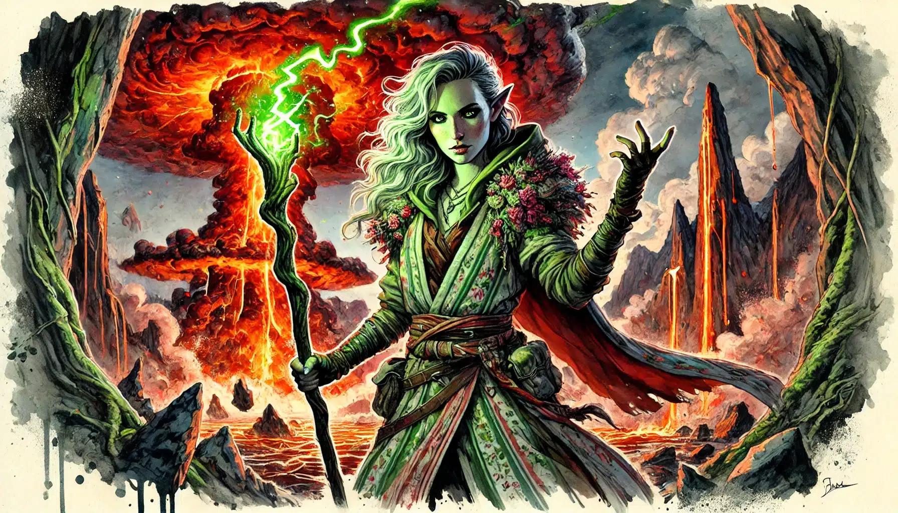 In a scene reminiscent of Dungeons & Dragons, an elf-like figure with green skin and white hair wields a glowing staff amid a volcanic eruption. Lava flows fiercely beneath clouds of smoke as the character stands confidently in ornate robes adorned with flowers.