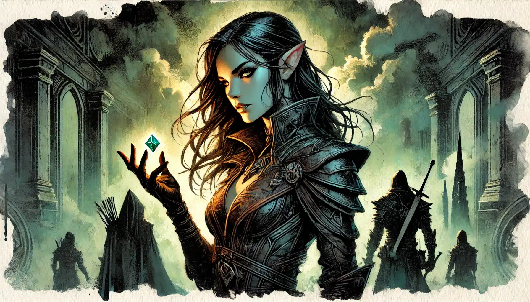 In the gothic ruins, a mystical elf with pointed ears stands with a glowing gem in hand, echoing tales from Dungeons & Dragons. Draped in dark, ornate armor and long flowing hair, she is surrounded by silhouetted figures and cloudy skies that enhance the mysterious atmosphere.
