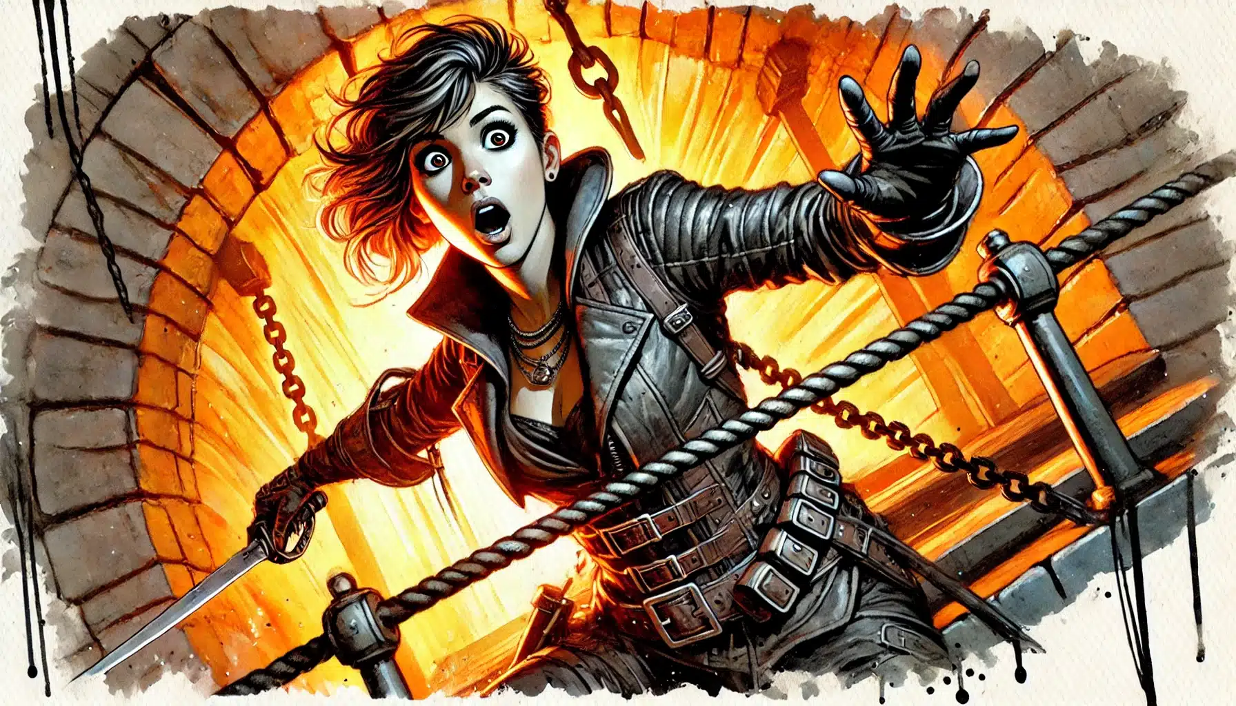 A surprised woman in a leather outfit lunges forward, holding a dagger. In the glow of the orange-lit tunnel, she navigates a rope bridge with chains hanging around her—a scene straight out of a DND campaign or Pathfinder RPG adventure.