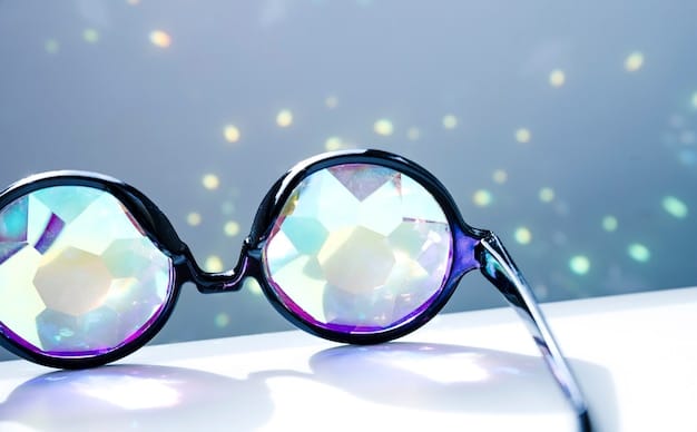 A pair of round, black-framed kaleidoscope glasses lies on a white surface. The lenses, with their colorful, faceted pattern, reflect light like the enchanted prisms one might find in a DND campaign, casting rainbow hues against a soft gray background.