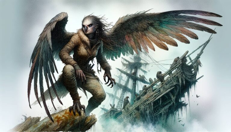 A DND-inspired harpy-like creature with large wings and a feathered head stands on a rock, looming over a weathered shipwreck in a foggy, mysterious setting. The scene evokes the fantasy and adventure typical of tabletop RPGs like Dungeons & Dragons.