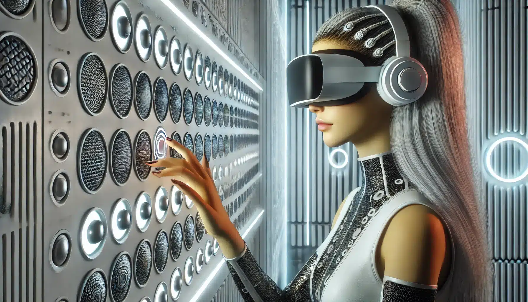 A futuristic woman with long white hair, wearing a virtual reality headset and headphones, navigates a high-tech wall of circular interfaces reminiscent of a dynamic Dungeons & Dragons quest map. She dons a form-fitting, patterned outfit in this sleek, modern environment.