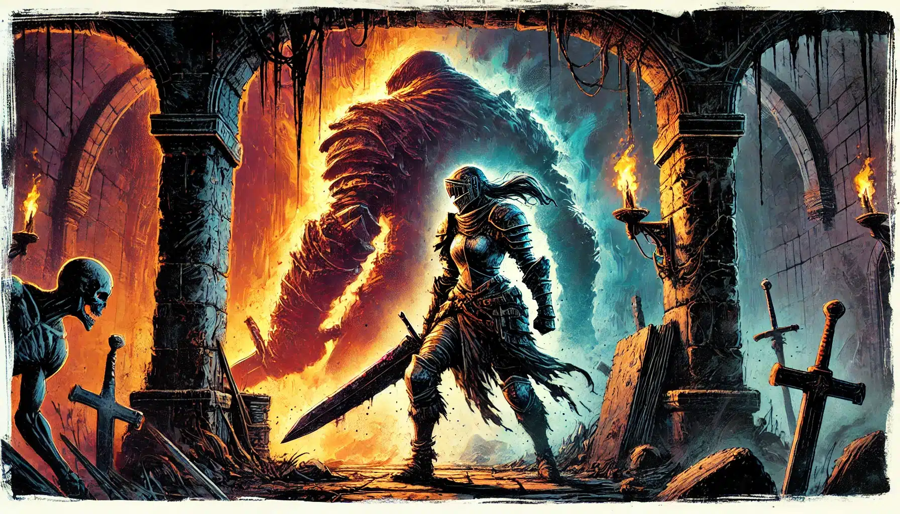 A warrior in tattered armor stands ready with a sword in an ancient, fiery dungeon, reminiscent of a classic Dungeons & Dragons setting. A giant, shadowy figure looms amidst the flames. Skeletons and discarded weapons litter the floor as torches flicker on the stone walls.