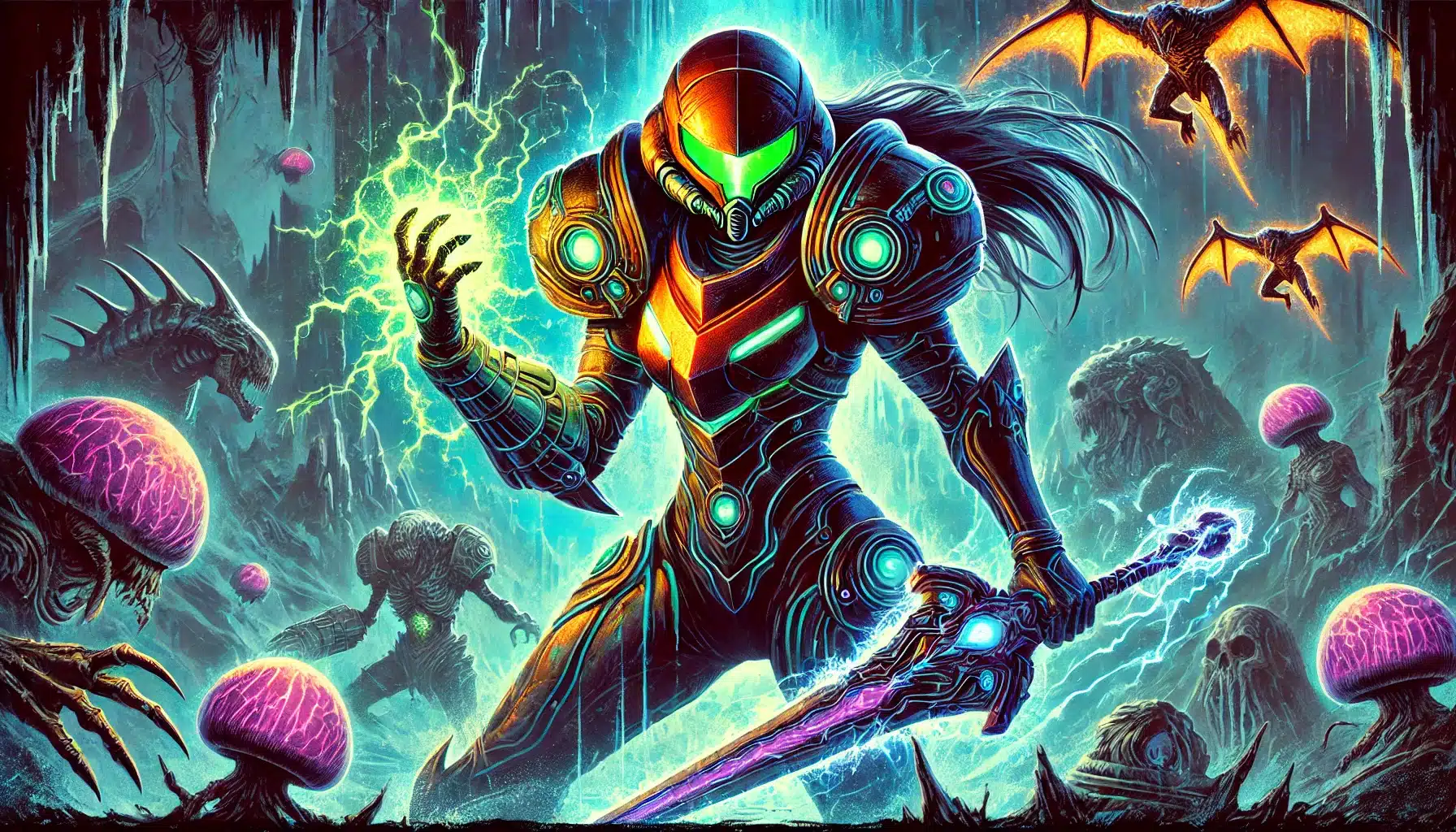 A futuristic warrior in an armored suit stands in a glowing, alien landscape, reminiscent of a fantasy tabletop RPG. They wield an energy sword and hold a crackling green energy ball. The backdrop features creatures, giant mushrooms, and lightning, creating an intense, otherworldly scene.