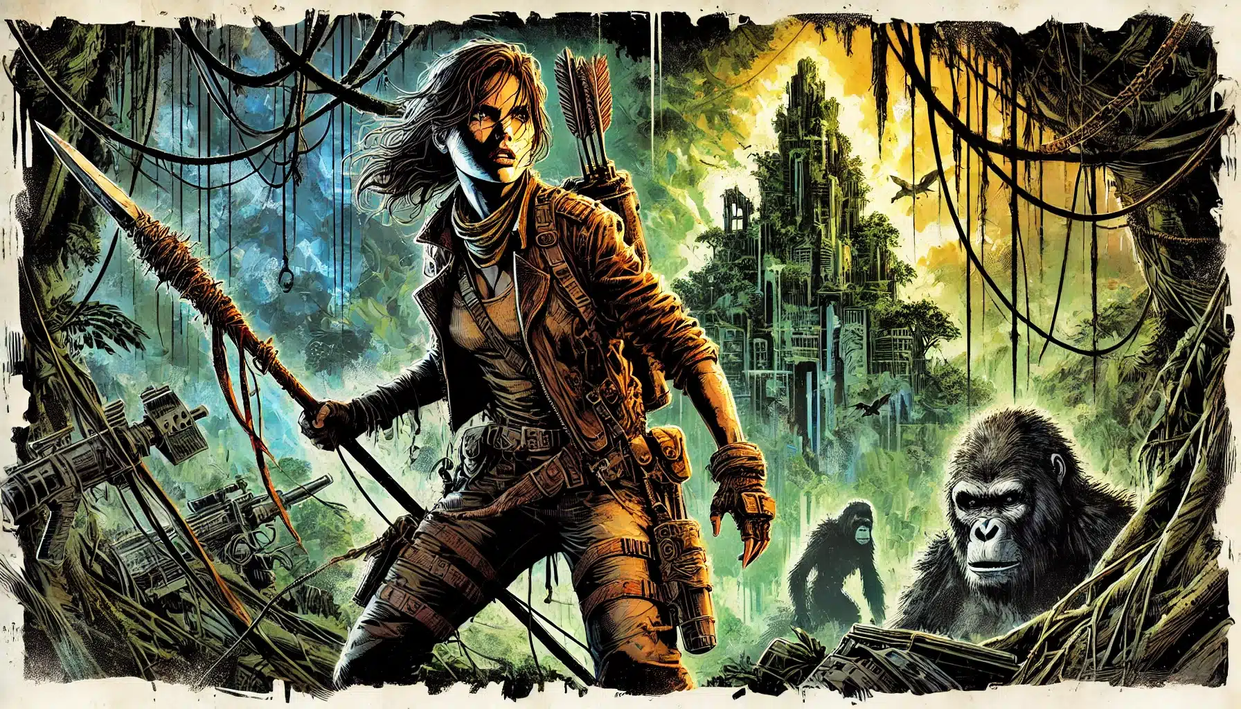 A rugged adventurer stands ready with a spear in a dense, overgrown jungle, as if stepping straight out of a fantasy realm. Ancient ruins rise in the background, while two gorillas watch from the shadows. Sunlight filters through the thick foliage, casting a mystical glow reminiscent of a Dungeons & Dragons tale.