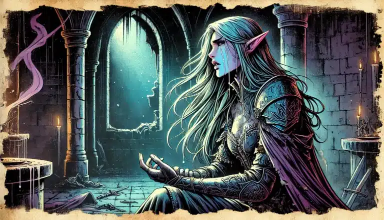 A solemn elf with long hair sits in a dimly lit ruined chapel, wearing intricately detailed armor. As if from a scene in a tabletop RPG, she gazes at her hand, with light streaming through a broken window, casting an ethereal glow. Smoke rises from a candle on a nearby altar.