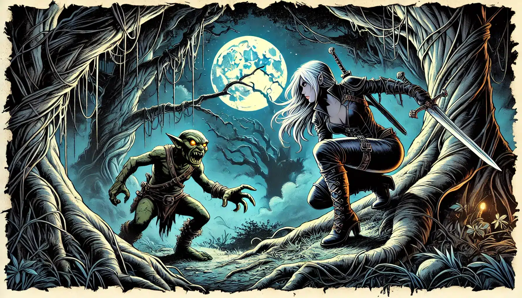 In a moonlit forest, a sword-wielding character with long white hair crouches on a large tree root, ready to face a snarling goblin. The detailed scene evokes classic tabletop RPG adventures, with twisted branches and a glowing full moon enhancing the fantasy setting.