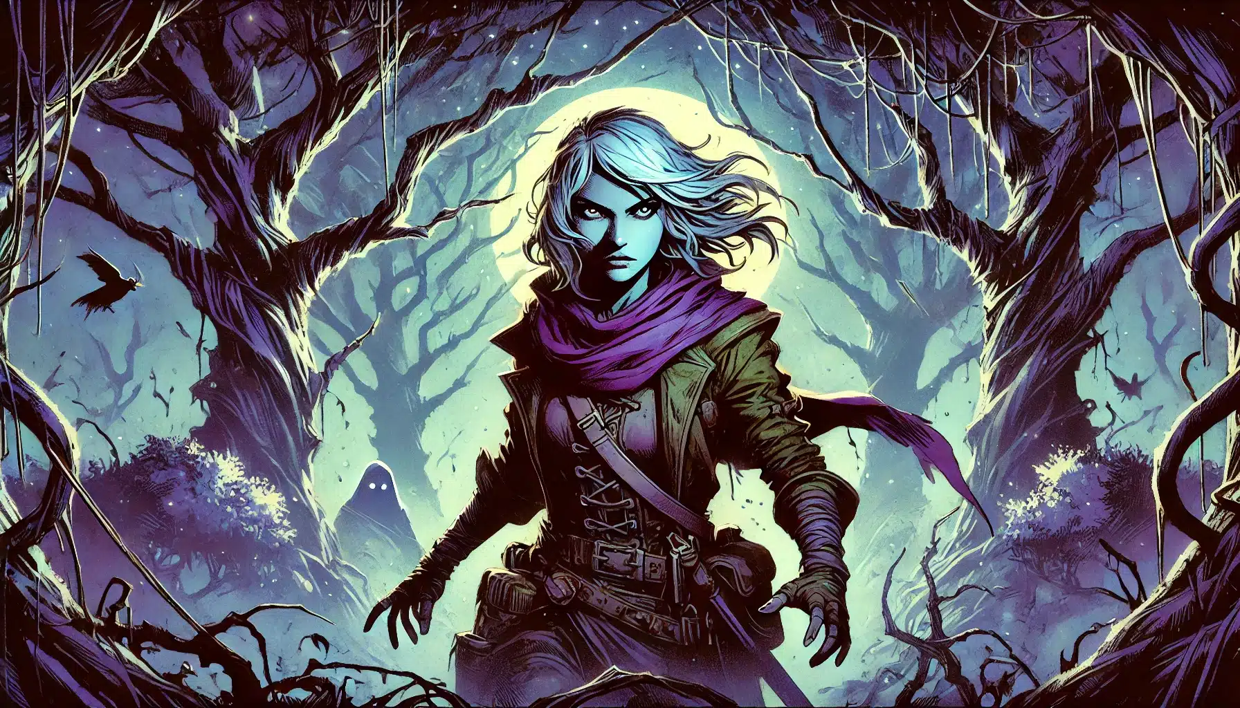 A mysterious figure with flowing white hair and a purple scarf stands in a dark, enchanted forest. Their expression is determined, akin to a Dungeons & Dragons adventurer, with twisting trees and a crow in the background casting an eerie, fantasy atmosphere.