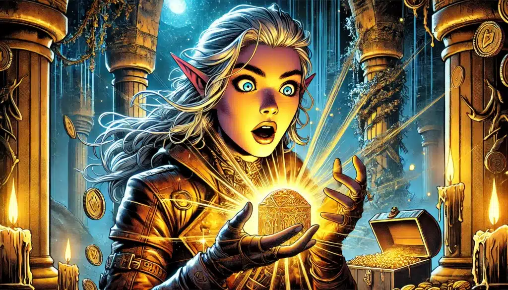 An elf with long silver hair and pointed ears stands in awe, holding a glowing, intricate box. Her eyes widen with amazement as if discovering a new artifact in Dungeons & Dragons, surrounded by ancient pillars, coins, and a treasure chest in the mystical dim light.