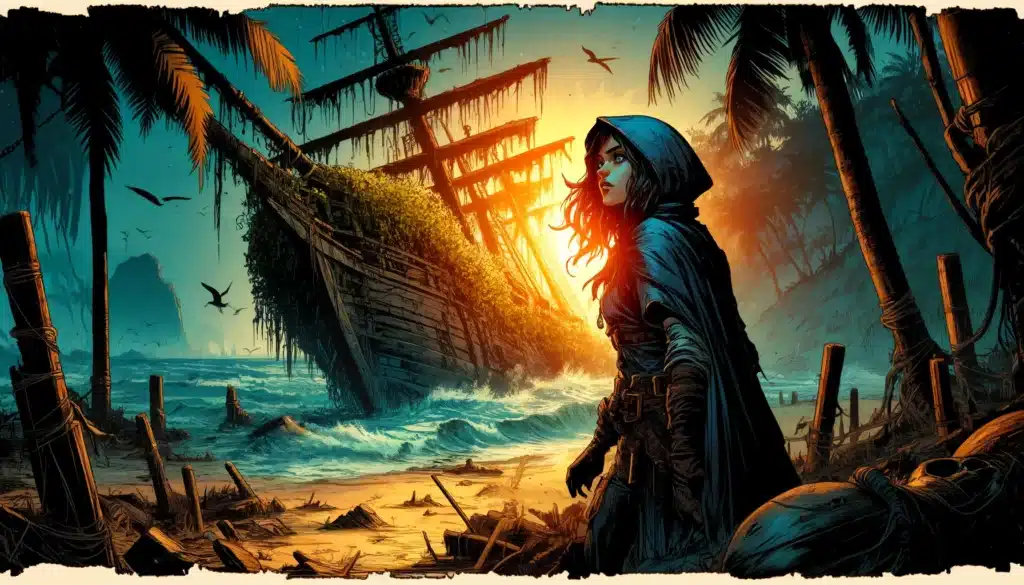 A cloaked figure stands on a beach at sunset, reminiscent of a scene from DND, gazing at a wrecked, moss-covered ship with jagged sails. Palm trees frame the view as seagulls fly overhead. The ocean waves crash against the shore, creating a dramatic atmosphere fit for any Pathfinder RPG adventure.