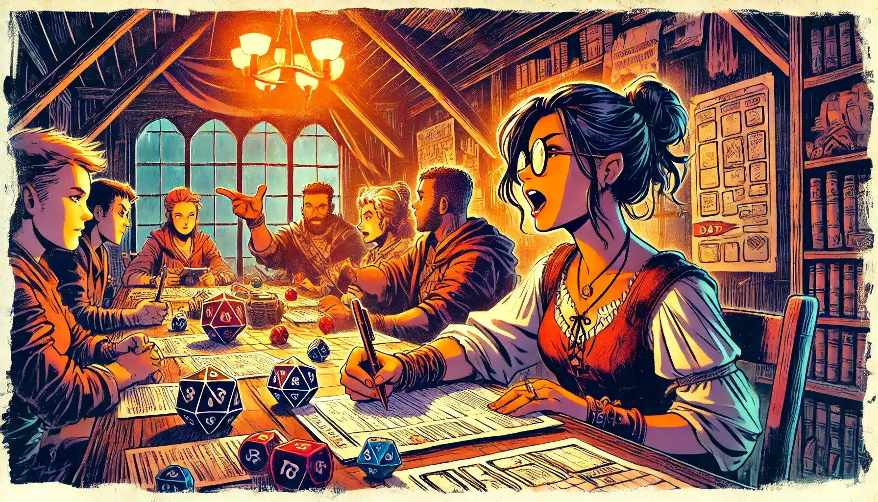 A group of people play a tabletop role-playing game in a cozy room with bookshelves and arched windows. Dice and papers are scattered on the table. A woman with glasses takes notes while another person gestures animatedly, discussing their favorite low-level encounter. Share your story in the comments!.