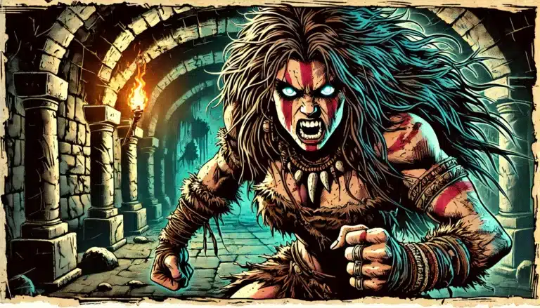 A fierce woman with glowing eyes charges through a dark, stone hallway, wearing tribal clothing and jewelry. Her face painted with red markings, she embodies the spirit of your favorite low-level encounter. A torch flickers on the wall, casting dramatic shadows as if inviting you to share your story in the comments.
