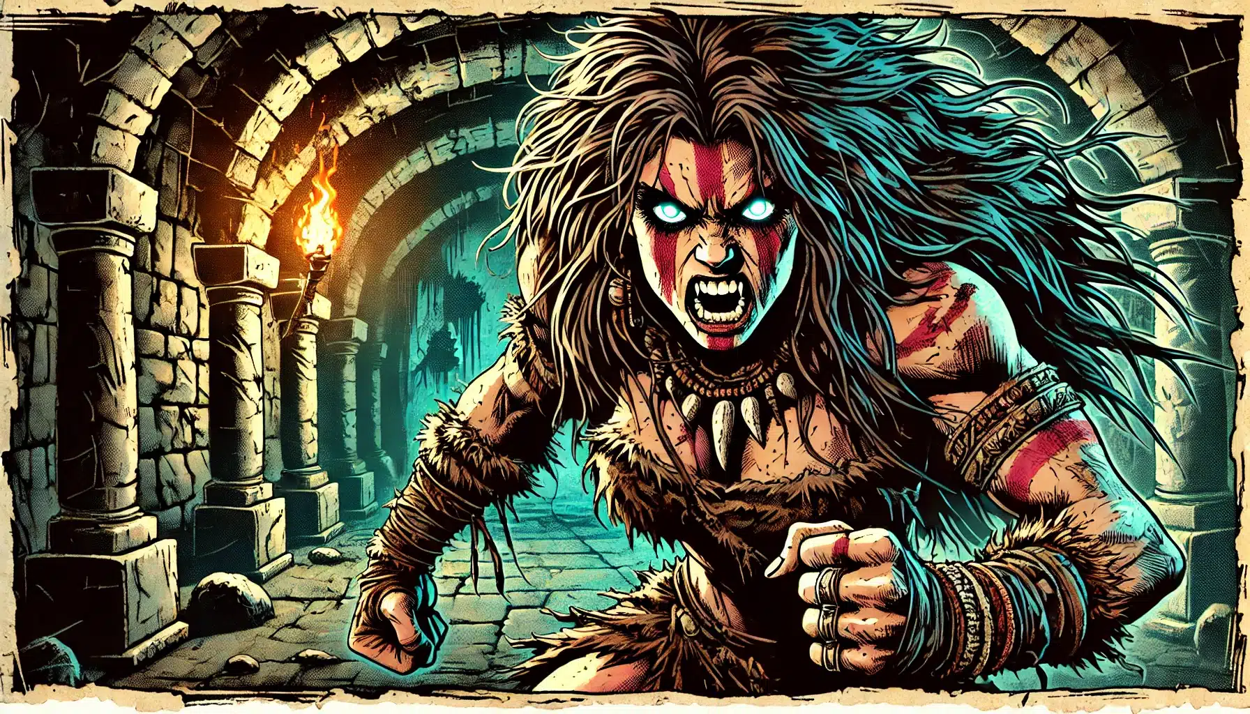 A fierce woman with glowing eyes charges through a dark, stone hallway, wearing tribal clothing and jewelry. Her face painted with red markings, she embodies the spirit of your favorite low-level encounter. A torch flickers on the wall, casting dramatic shadows as if inviting you to share your story in the comments.