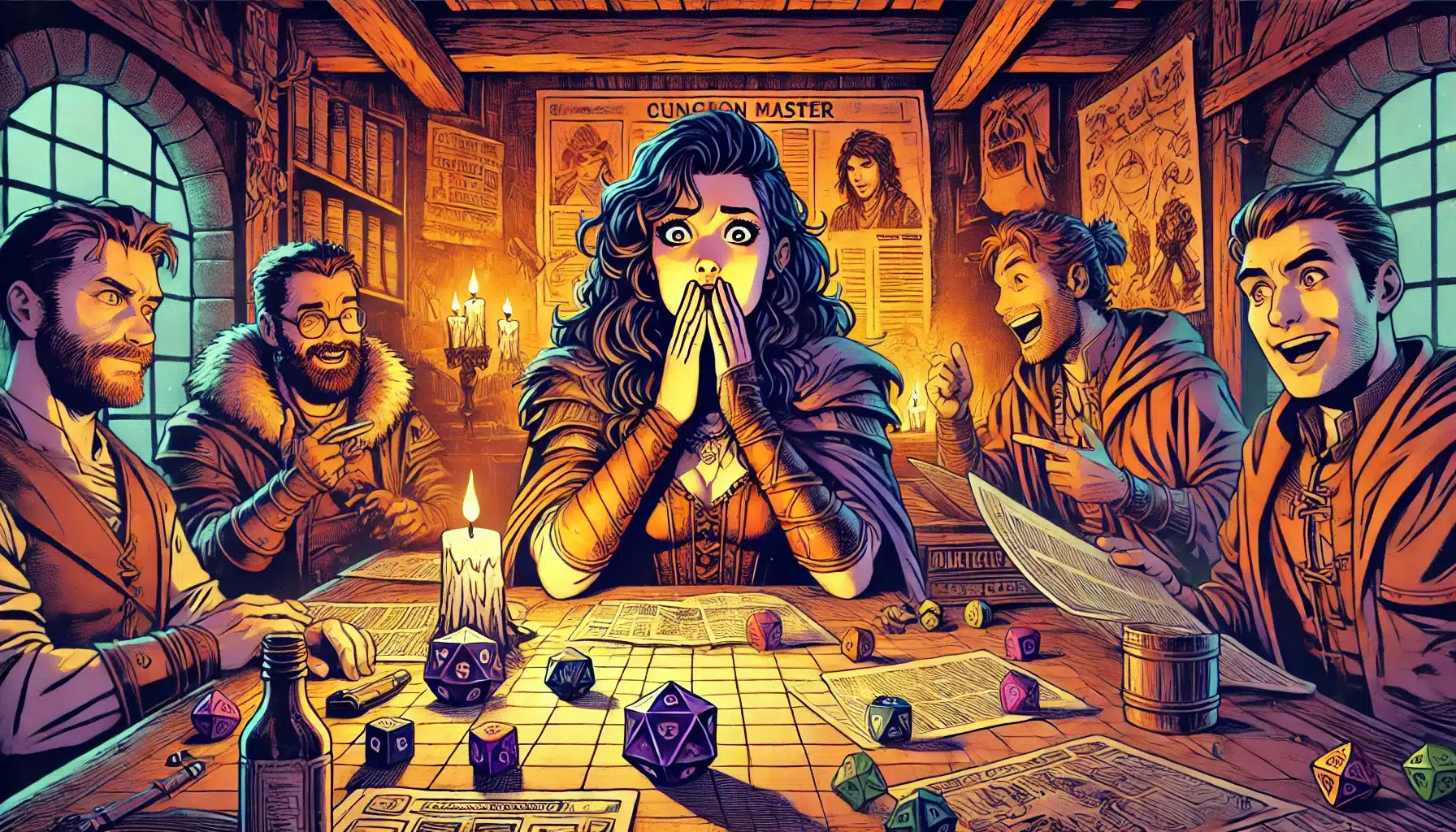 A group of animated, medieval-themed characters sits around a table playing a role-playing game. A surprised woman covers her mouth, surrounded by laughing companions and scattered dice. Candlelight and vintage posters adorn the wooden room. Whats your favorite low-level encounter? Share your story!.