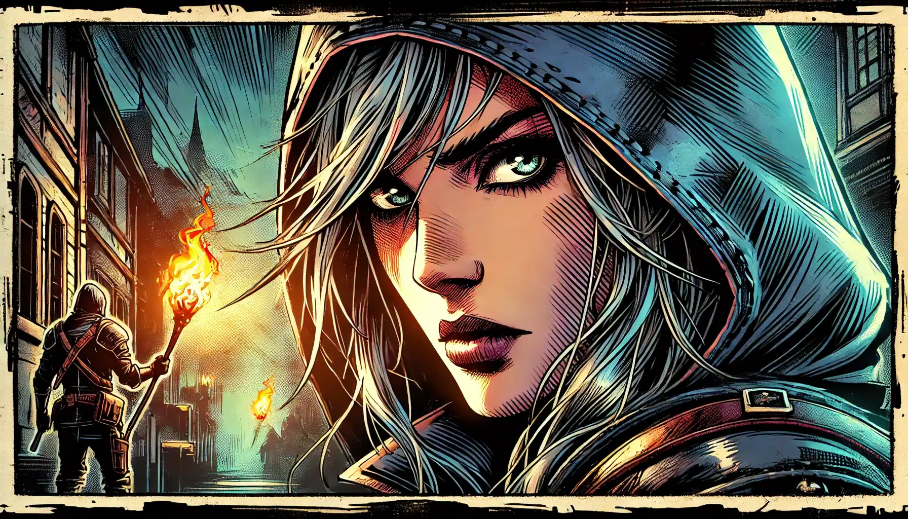 A dramatic comic-style illustration of a hooded woman with striking eyes in the foreground unfolds like your favorite low-level encounter. In the background, a person holds a torch, illuminating a dark, narrow street with another torch burning further away.