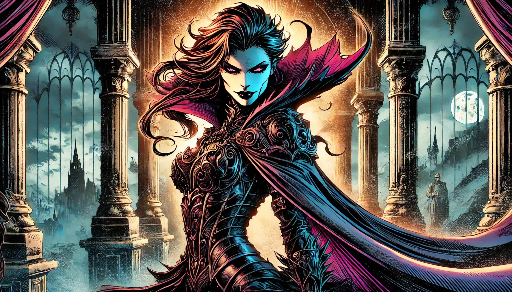 Fantasy-inspired Gothic-style illustration of a vampire woman with glowing eyes, wearing ornate armor and a flowing cape, standing in a grand, columned hall. The full moon illuminates the intricate architecture, setting an ideal scene for any Pathfinder RPG adventure.