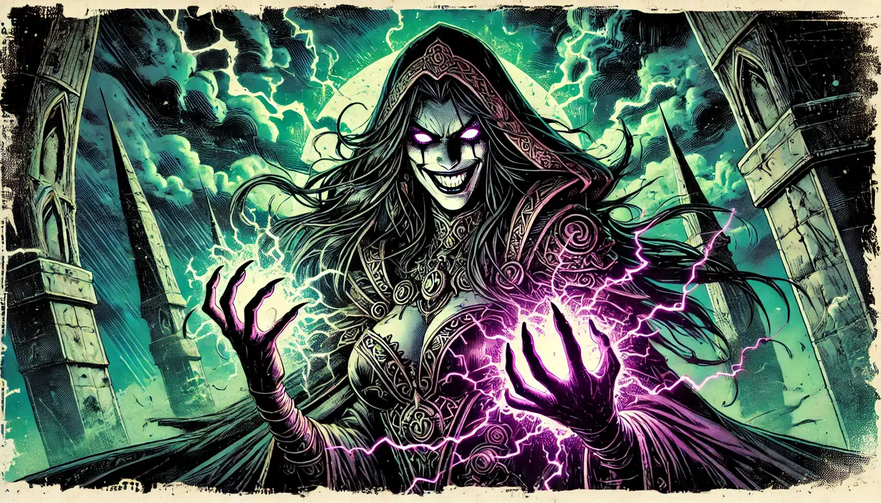 A Gothic-style illustration portrays a sinister figure in a hooded cloak, eyes glowing amid lightning. Resembling a powerful character from Dungeons & Dragons, they stand amidst towering structures, hands crackling with purple energy against a stormy night sky—a true fantasy ttrpg scene.