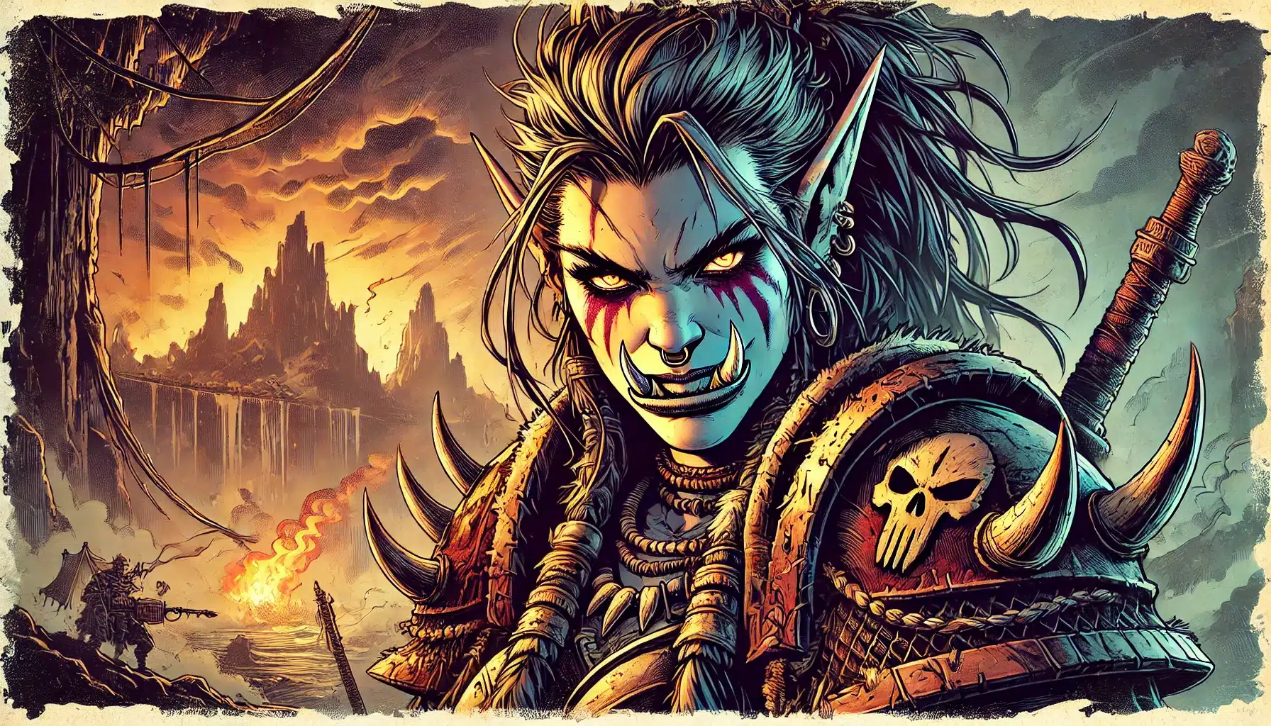 A fierce orc warrior, reminiscent of a Dungeons & Dragons fantasy saga, stands with long hair, glowing eyes, and red facial markings. Clad in spiked armor boasting a skull emblem, he faces a dramatic sunset with rugged mountains under fiery skies enhancing the tabletop RPG atmosphere.
