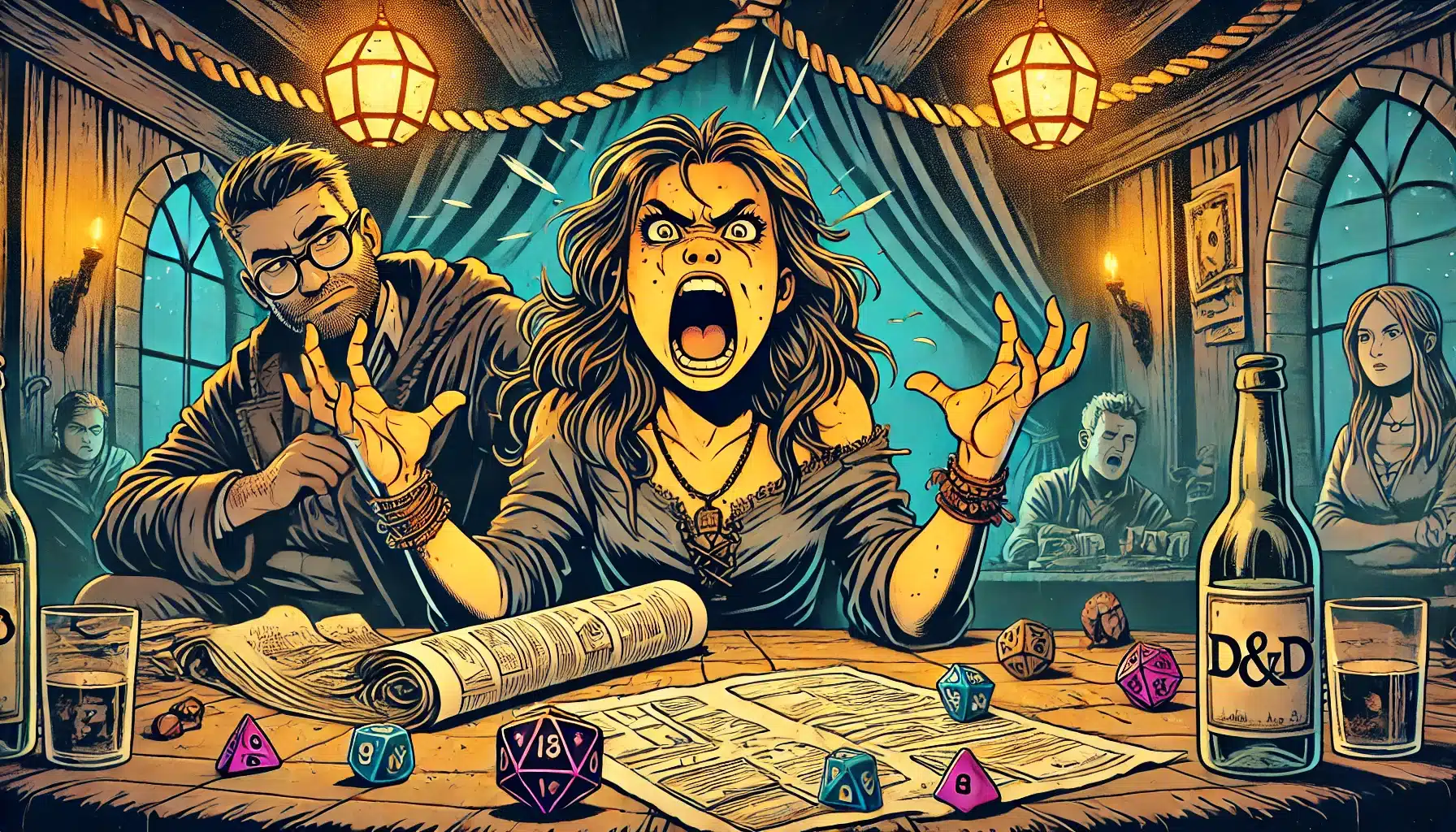 In the dimly lit tavern, a woman passionately shouted at a table covered with a D&D rulebook, dice, and papers. The intense atmosphere of this tabletop RPG scene captivated two men sitting nearby, absorbed in the unfolding drama.