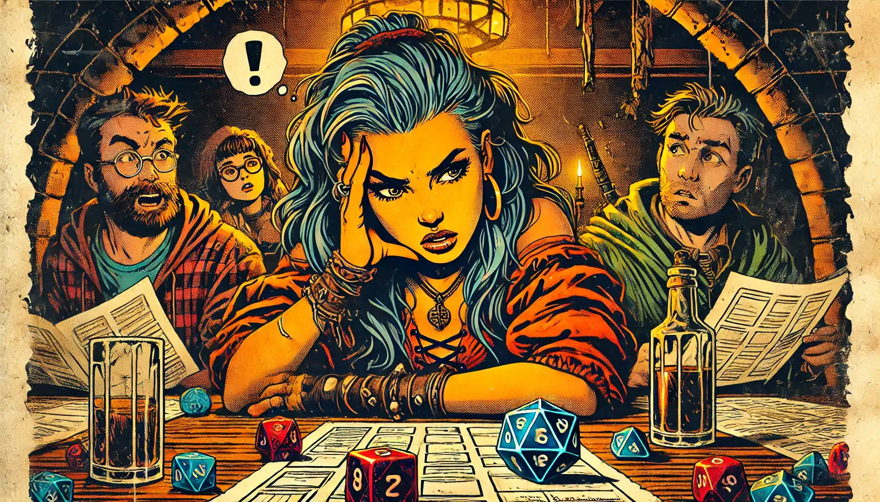 A group of four people is deep into a Dungeons & Dragons session. The woman in the center looks frustrated, surrounded by dice and character sheets. Two men and another woman sit nearby with varied expressions, while a surprised man has a speech bubble with !.
