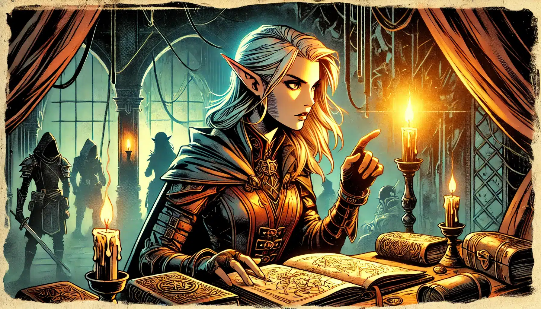 A silver-haired elf in medieval armor examines a book in a dimly lit library, her finger poised as if discovering something crucial for her next DND adventure. Candles flicker around her, and shadowy figures lurk in the background, setting the perfect scene for a tabletop RPG quest.