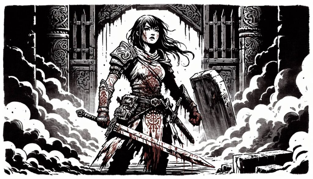Illustration of a female warrior in ornate armor, ready for Epic Boss Fights, holding a sword and shield with confidence. Towers and gates rise in the background amidst swirling mist or smoke, reminiscent of a classic Dungeons & Dragons scene, with dramatic black and white contrasts.