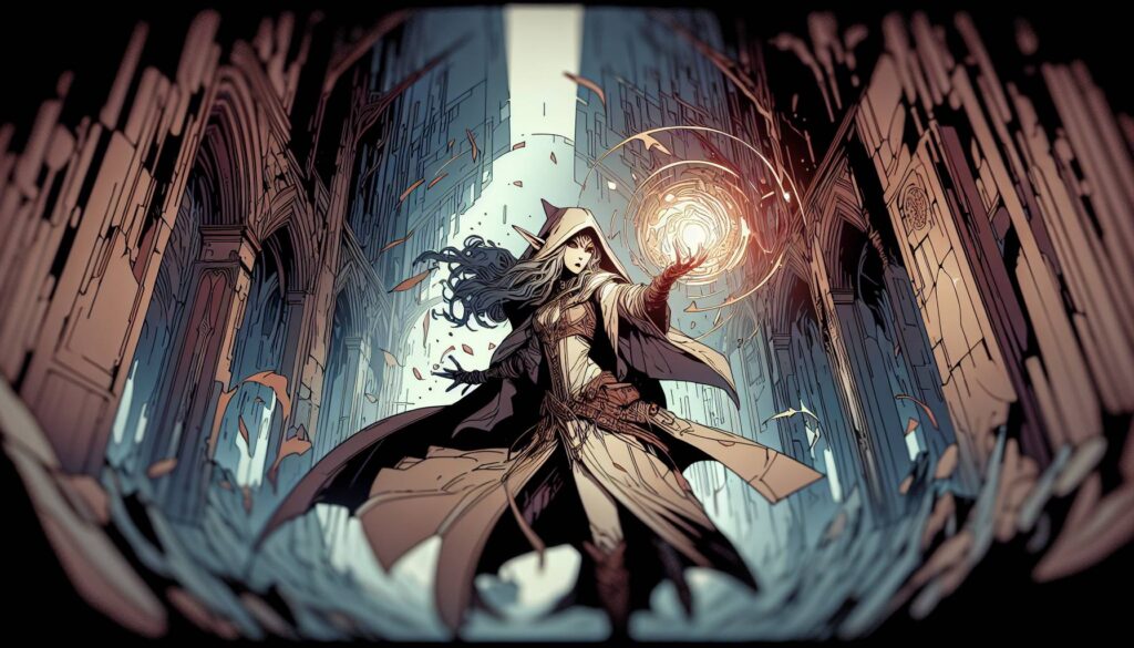 A cloaked figure with long hair casts an underrated spell from their RPG spellbook, surrounded by swirling leaves. They stand in a dramatic pose between towering, shadowy buildings, a bright light behind them enhancing the mystical atmosphere.